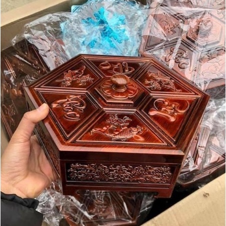 Khay đựng mứt Tết sang trọng giả gỗ họa tiết PHÚC LỘC THỌ cá chép 2024 - Hộp đựng mứt Tết cao cấp HỒNG QUANG