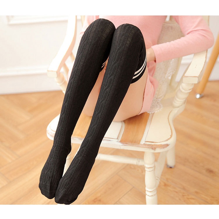 Tất đùi dài vải dày cao cấp qua gối màu trơn kẻ sọc thun gân cotton cho nữ