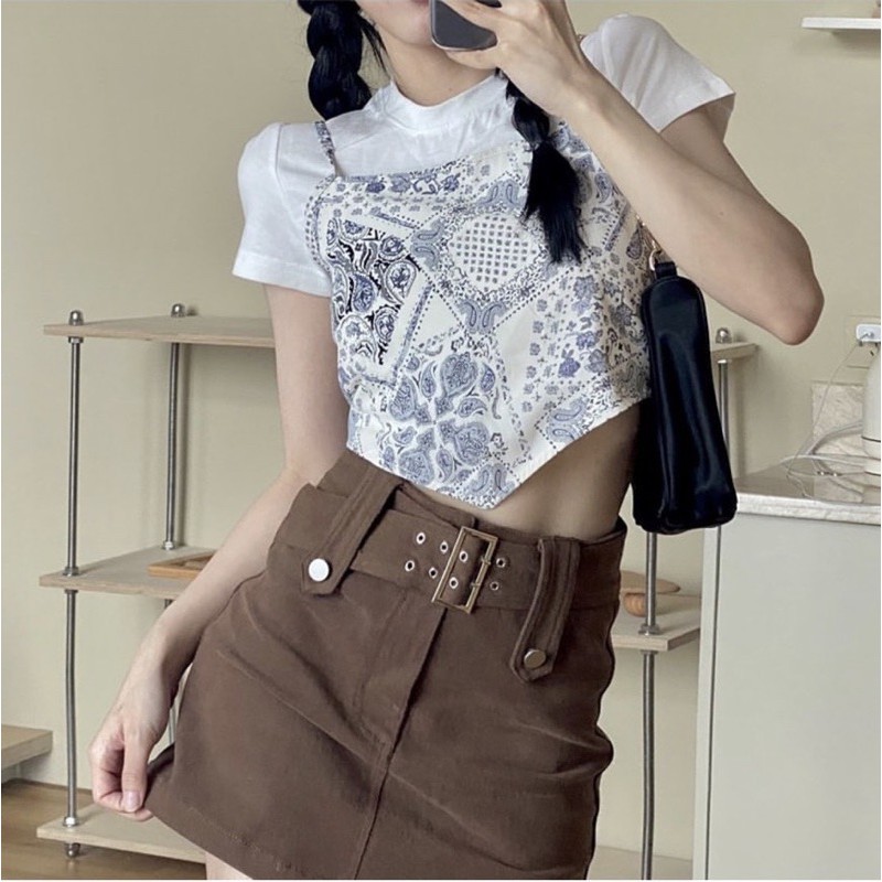 [Mã SKAMSALE06 giảm 10% tối đa 100K đơn 150K] Set croptop thổ cẩm nơ lưng kèm áo thun trắng