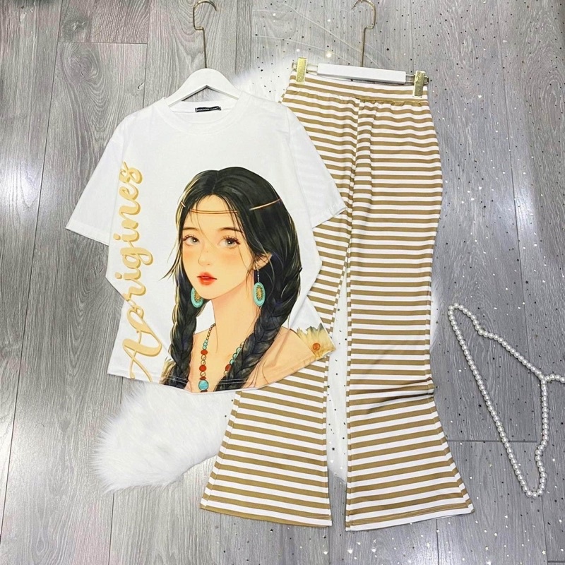 Set Bộ Áo Thun 3D Tay Lở Quần Suông Loe Trơn-Sọc Ảnh Thật