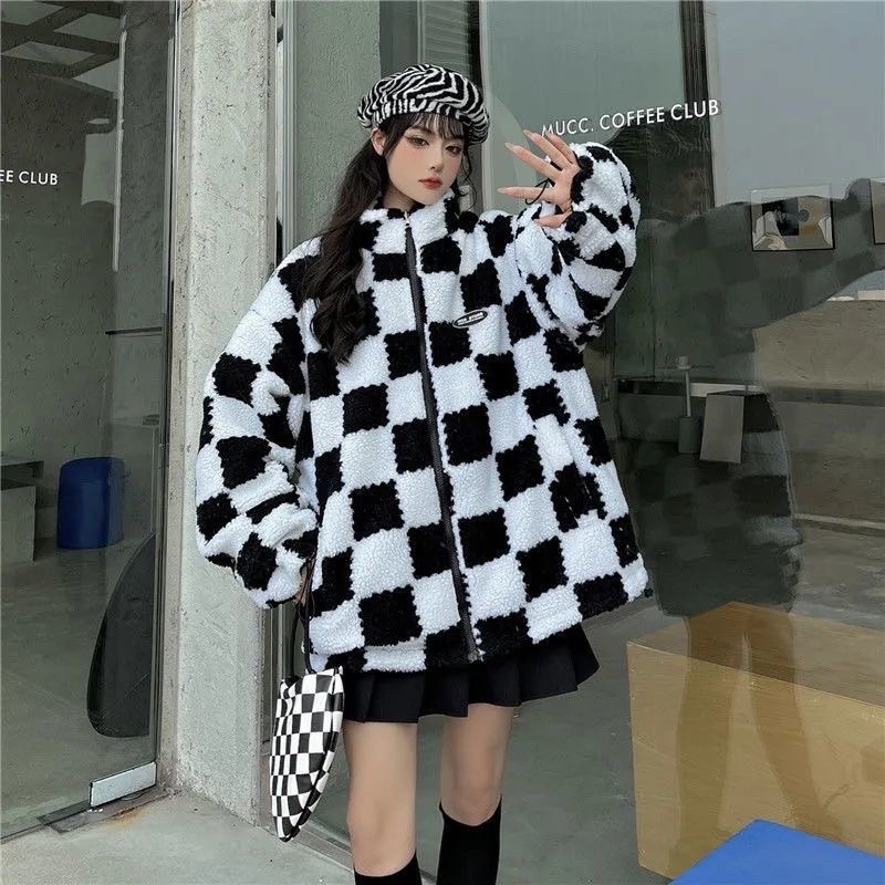 Áo khoác da mặc được 2 mặt lót lông họa tiết caro style hip hop swag unisex nam nữ
