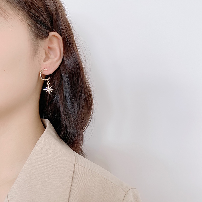 Bông Tai Hình Mặt Trăng Ngôi Sao Đính Đá s925 Phong Cách Pháp Đơn Giản Thời Trang Cho Nữ