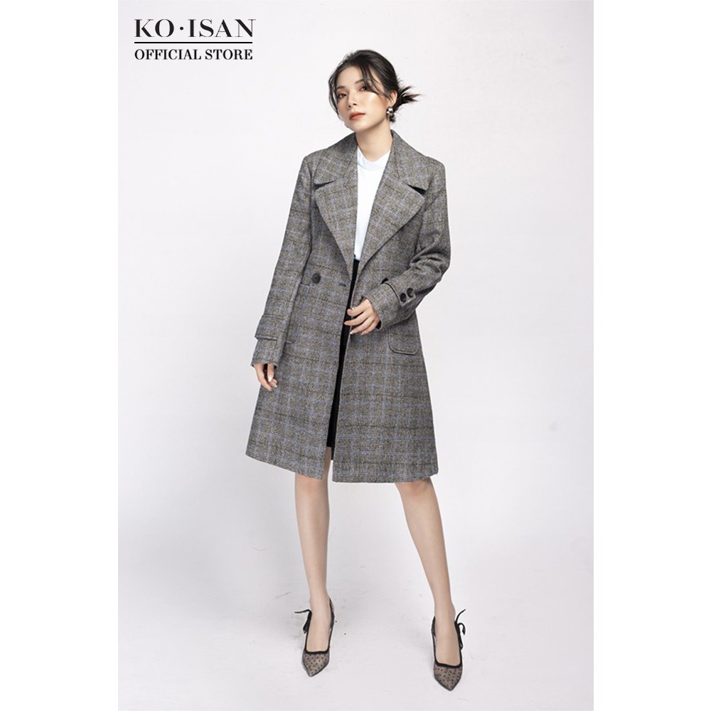 Áo khoác dạ nữ KO-ISAN dáng dài kẻ xám - 3300352-1