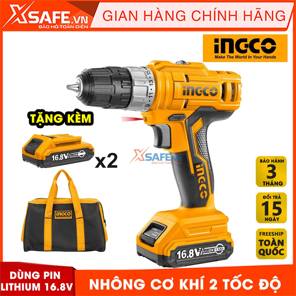 Máy khoan búa dùng pin Lithium 16.8V INGCO CIDLI1612 kèm 2 pin và 1 sạc nhanh Máy khoan cầm tay mô men quay tối đa 28NM