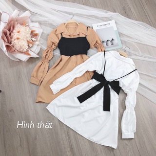 Set đầm sơ mi phối áo cột nơ sau - S5U