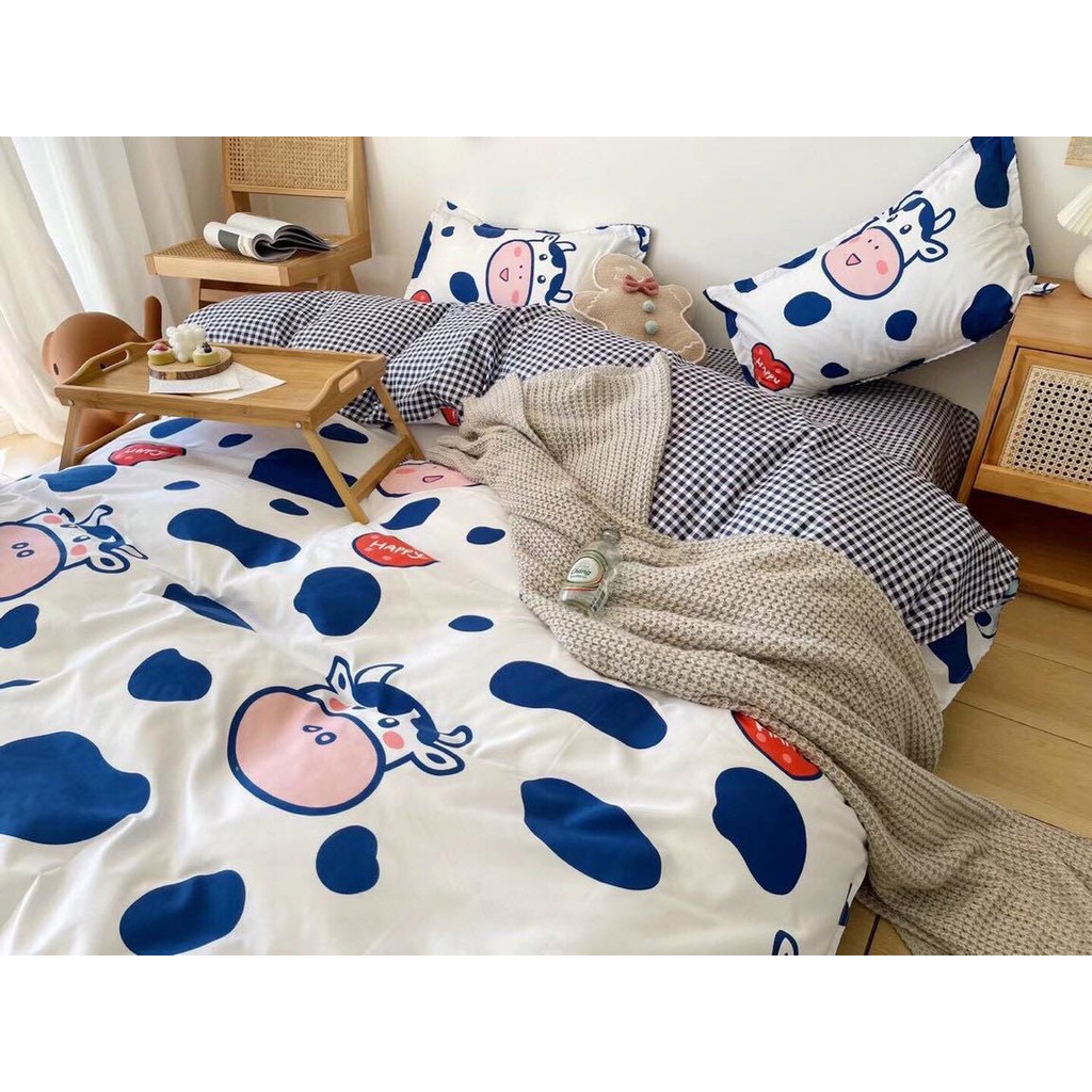 Bộ chăn ga gối Poly Cotton Bò sữa xanh (Tặng vỏ gối ôm) - Miễn phí bo chun mọi kích thước