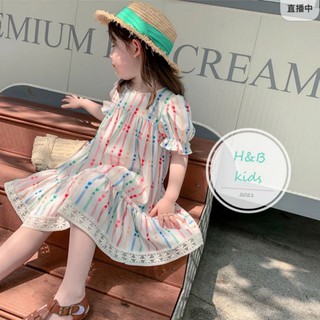 Đầm form suông tay phồng kẻ sọc bé gái