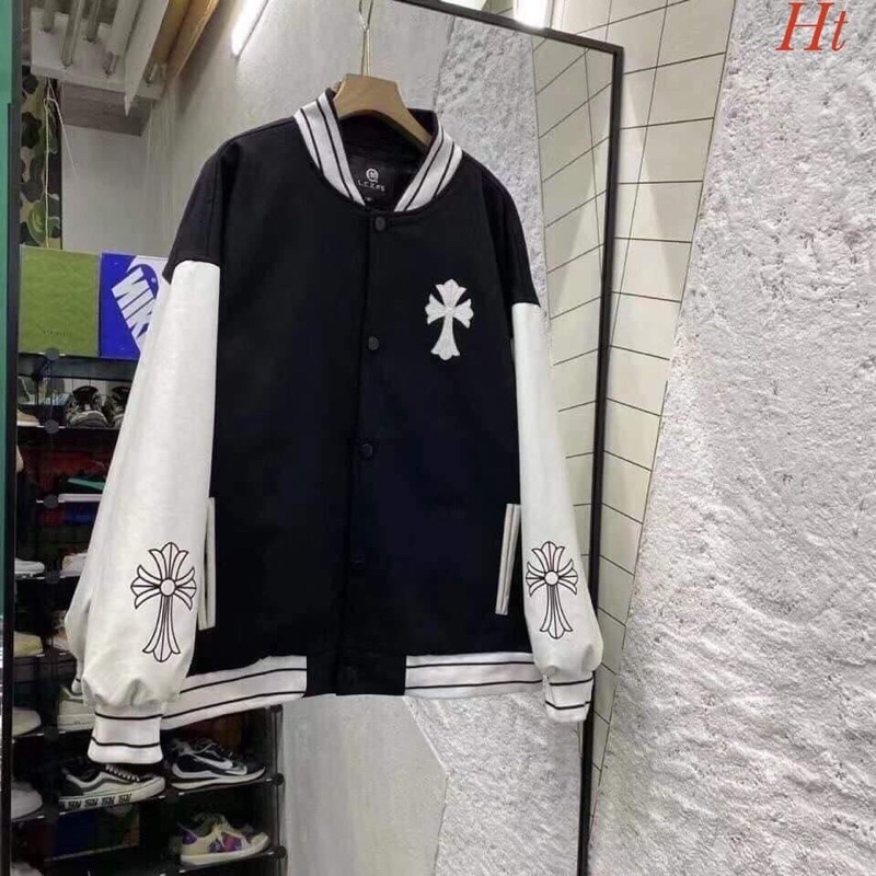 Áo khoác bomber chữ thập tay trắng HT12