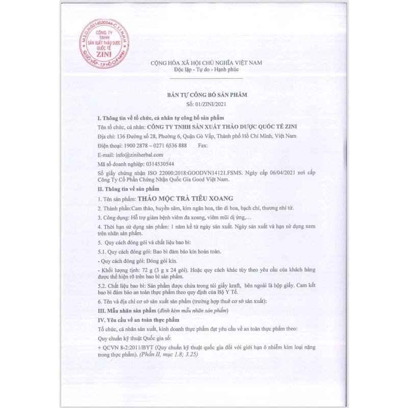 Trà tiêu xoang thảo mộc zn chính hãng