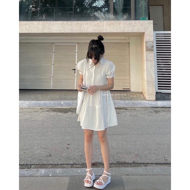 Váy Babydoll Gân Tay Bồng Cổ Sơ Mi Vải Lụa Gân Đầm Sơ Mi Babydoll ulzzang Phong Cách Hàn Quốc