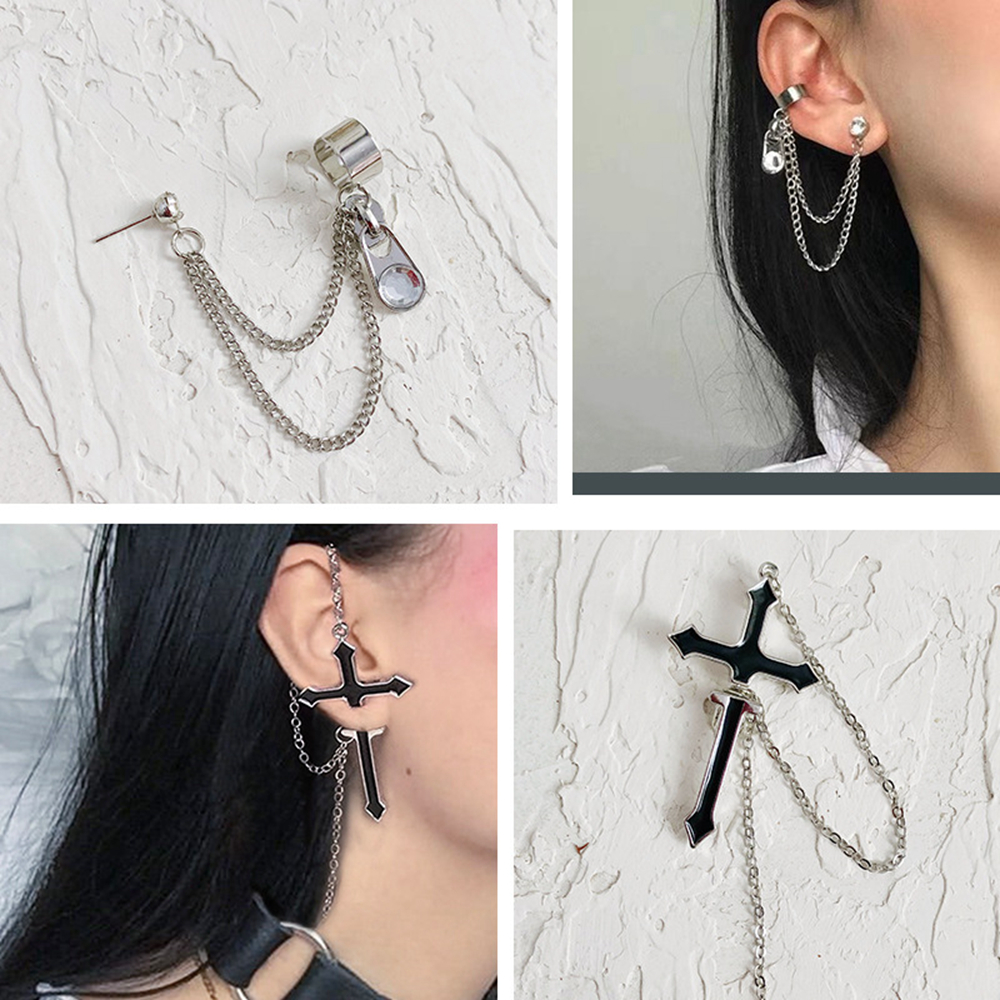 ROW /1PC Unisex Long Chain Stud Earrings European Style Punk Cross Earrings Party Jewelry Fashion Brincos Vintage Zipper Dangle Drop