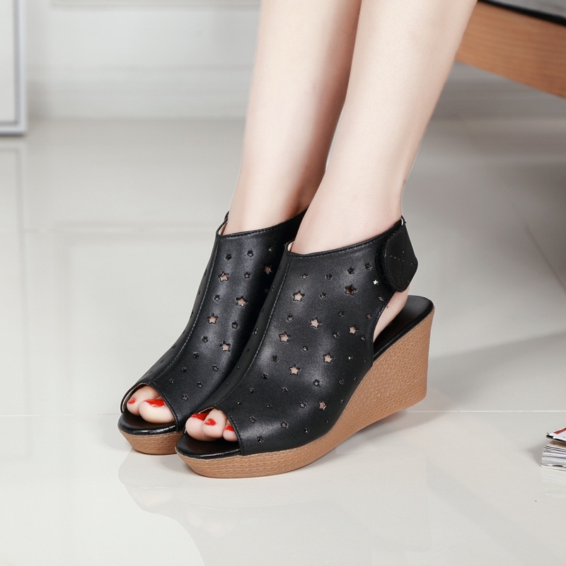 Giày Sandal Hở Mũi Đế Xuồng Cao Gót Bằng Da Chống Nước Thời Trang Mới 2019 Phong Cách La Mã Cho Nữ 5XDO