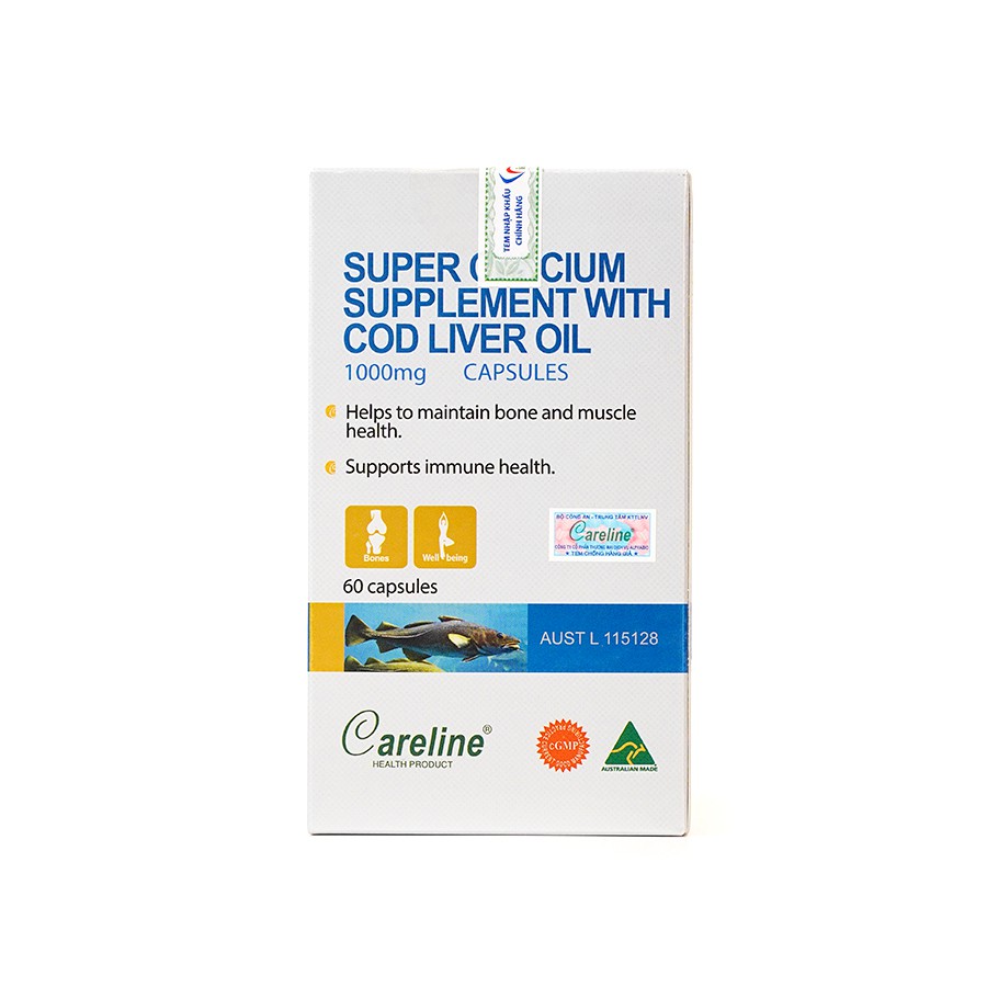 Viên uống canxi bổ sung dầu gan cá Careline Super Calcium Supplement bổ sung Omega-3 cho cơ thể - Hộp 60 viên