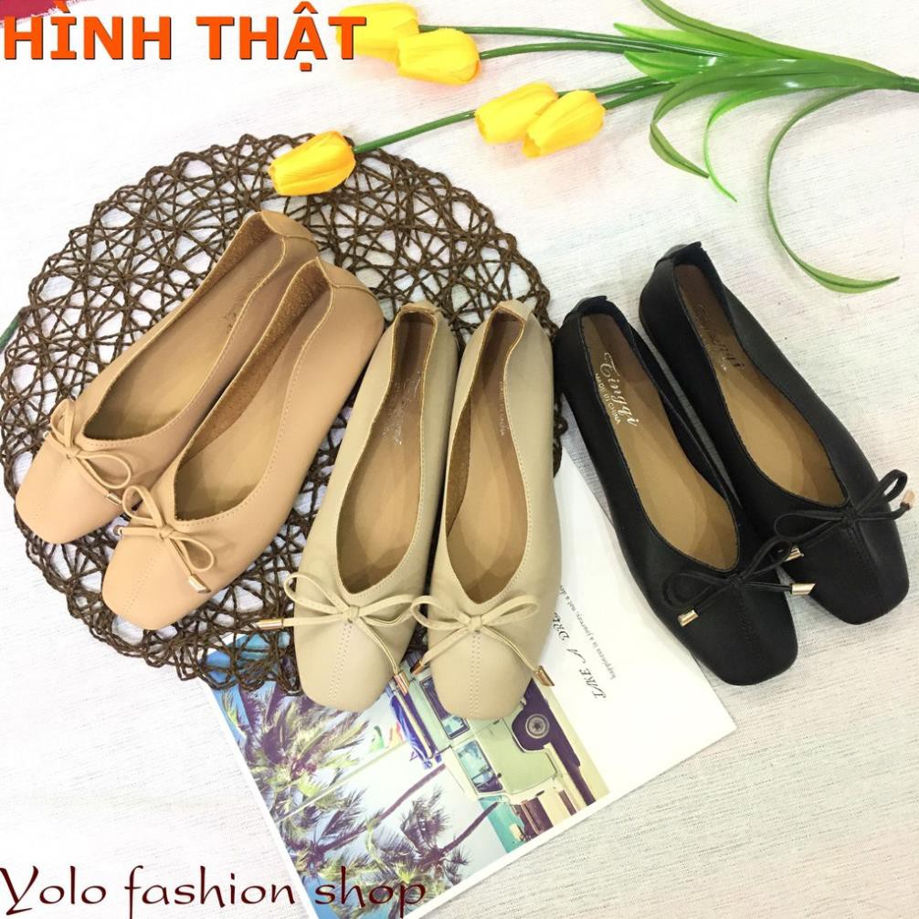 Giày bệt búp bê nữ đế bằng da mềm đính nơ xinh xắn hàng QC cao cấp - Kèm hình thật
