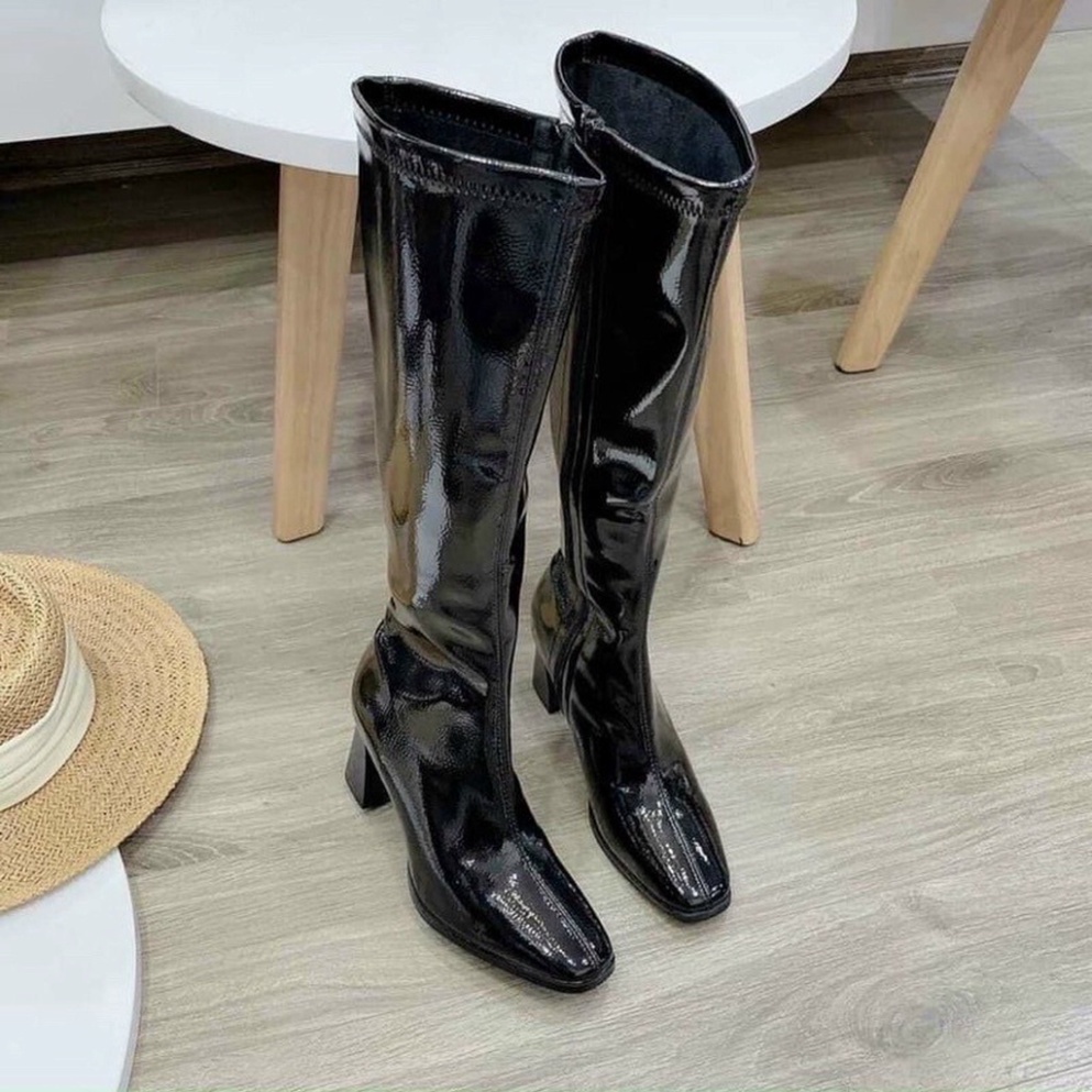 Giày Bốt đùi nữ khoá cạnh chất da bóng mũi nhọn, Bốt nữ cổ cao đế 7p 2 màu trắng đen mẫu hot thời trang