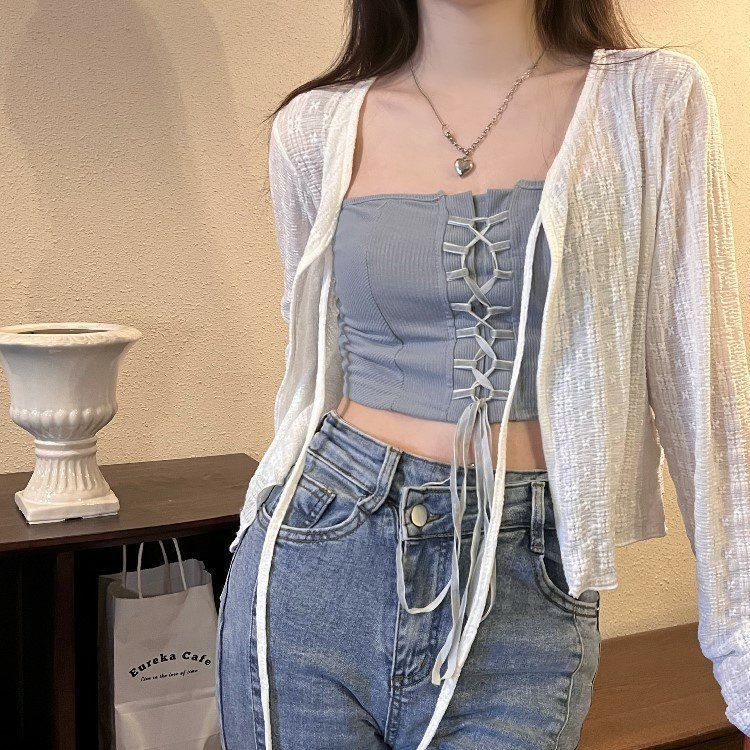 [Linin] Áo Khoác Cardigan Dệt Kim Mỏng Nhẹ Chống Nắng Cột Dây Màu Trắng
