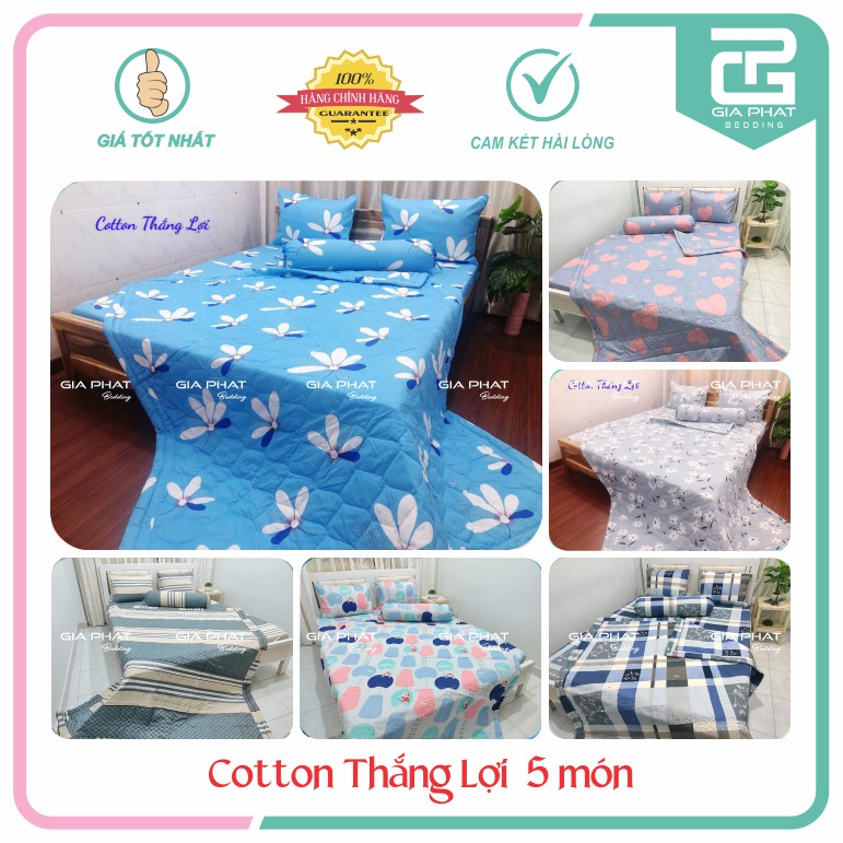 Bộ Chăn ga 5 món 100% Cotton Thắng Lợi chuẩn logo ( Chăn chần gòn + 1 ga + 2 gối nằm + 1 ôm )