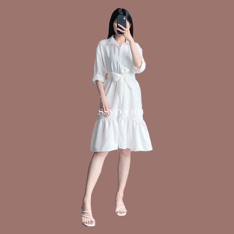 Fandya Đầm MIDI Tay Dài Phối Diềm Xếp Nếp Có Ruy Băng Trắng / Hồng Coco Mù Tạt / Mật Ong Màu Bạc / Đen Dành Cho Nữ