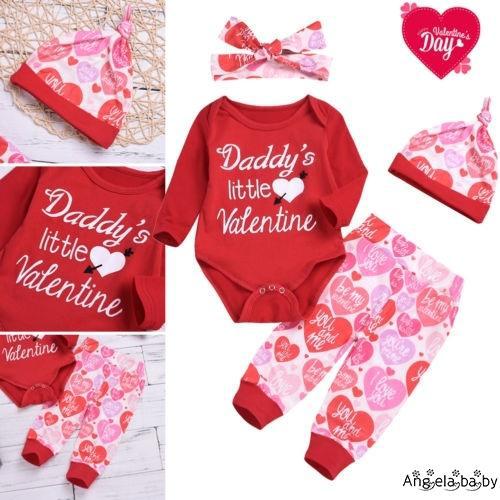 Nhv-baby Girls Daddy 's Little Valentine Áo Liền Quần + Quần Mũ 4 Bộ Trang Phục