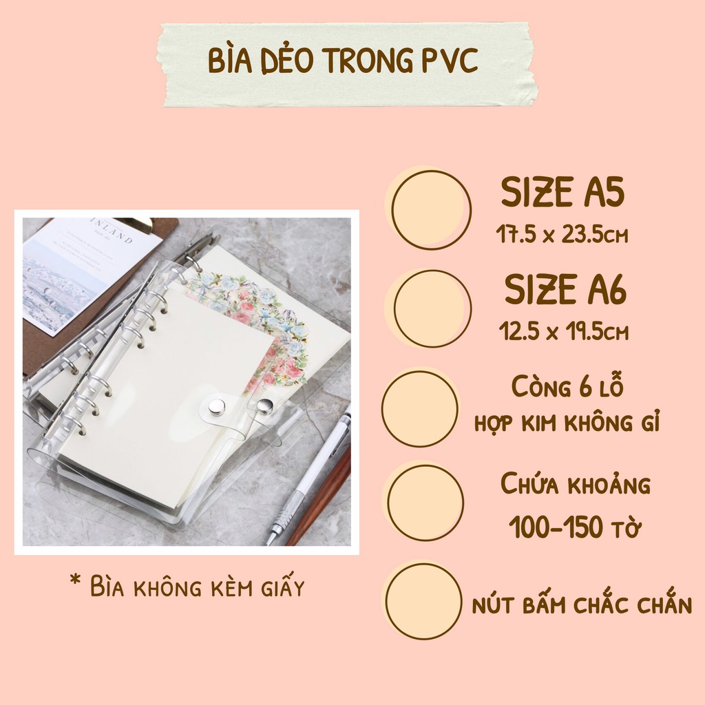 Binder bìa sổ còng nhựa cứng PP và bìa trong dẻo PVC loại 6 lỗ A6 A5 hàng cao cấp làm sổ planner bulletjournal Góc Nhà