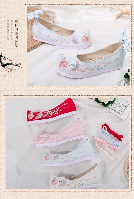 CÓ SĂN - Giày Thêu Phượng Hoàng Mũi Hếch Trung Hoa Màu Trắng