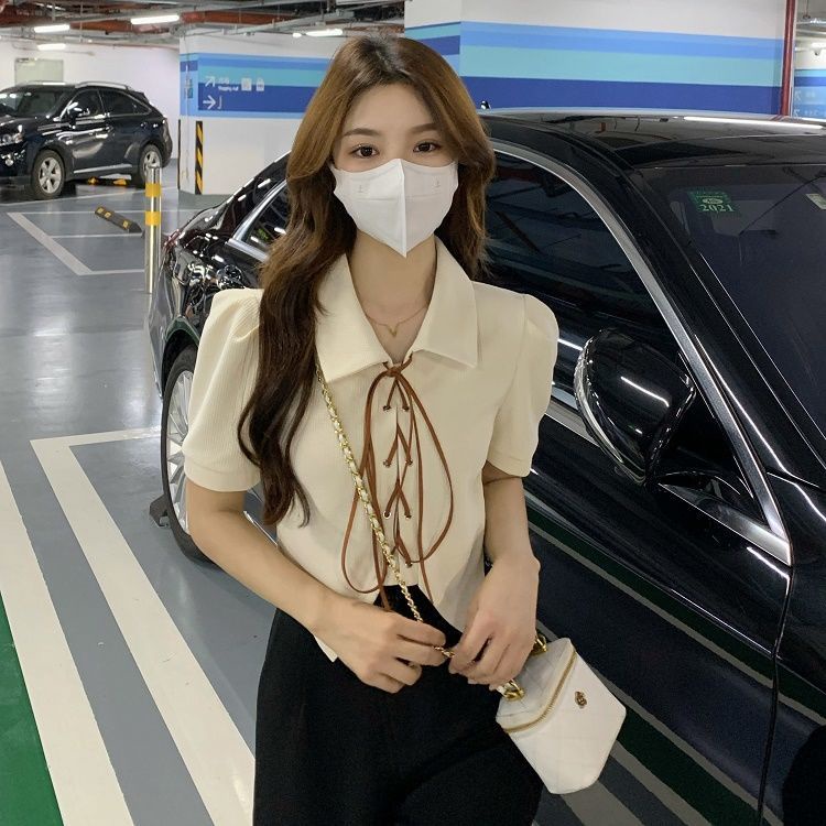 Áo Sơ Mi Tay Ngắn Cổ Polo Thiết Kế Thắt Dây Độc Đáo Thời Trang Hàn Quốc Cho Nữ