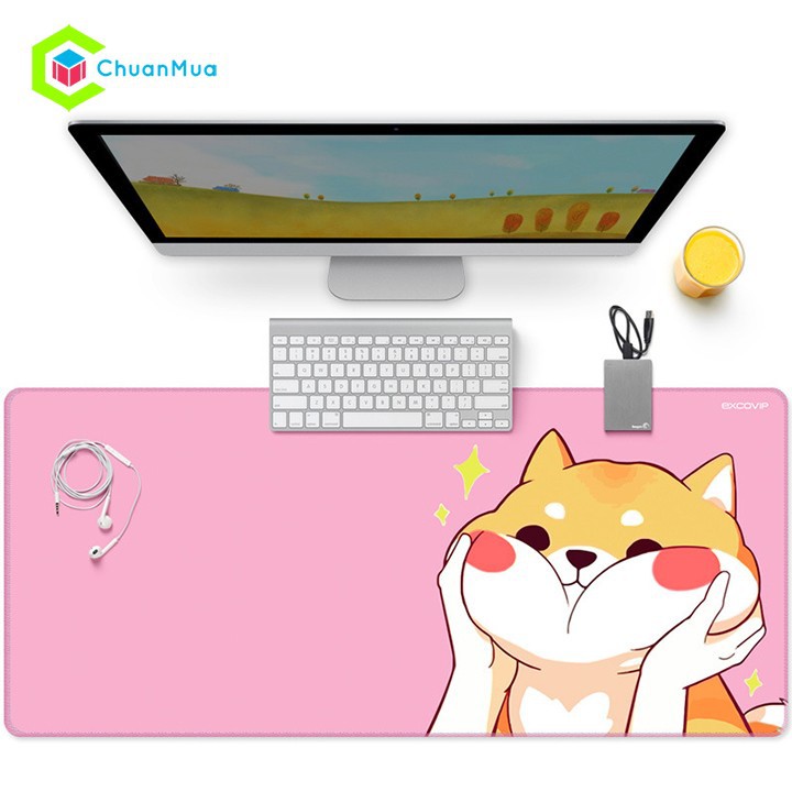 Tấm Lót Chuột Bàn Phím Cỡ Lớn Hình Chó Shiba Cute (Loại Dày, May Viền,...), Bàn Di Chuột 90x40cm