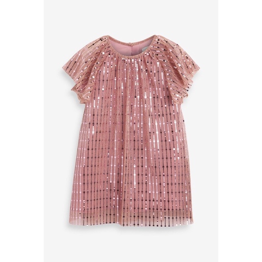 Váy Suông Bé Gái Tay Rũ Sequin Hồng Next