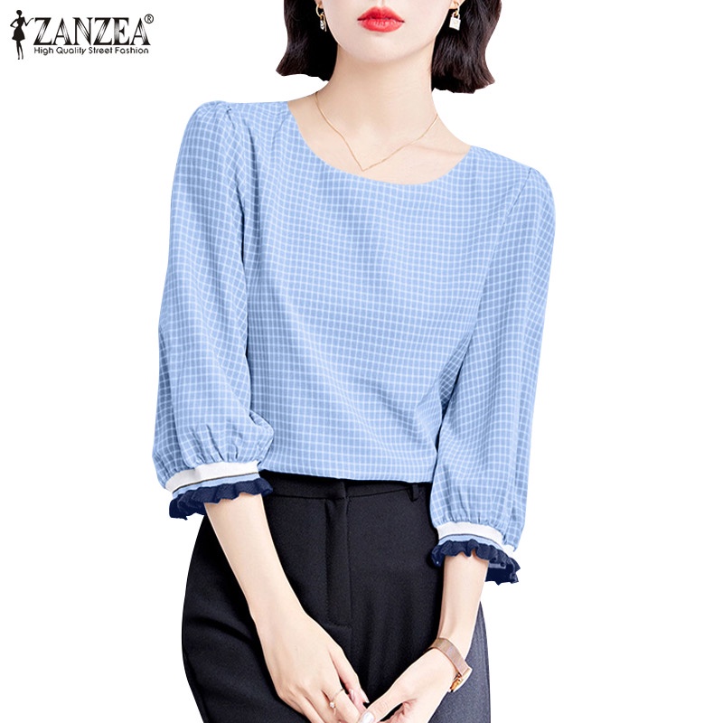 Zanzea Áo Kiểu Nữ Cổ Tròn Tay 3 / 4 Họa Tiết Caro Thời Trang Thanh Lịch