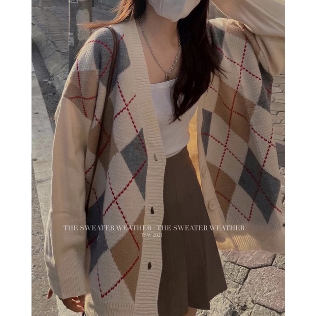 Áo khoác CARDIGAN len kẻ trám dày dáng rộng oversize