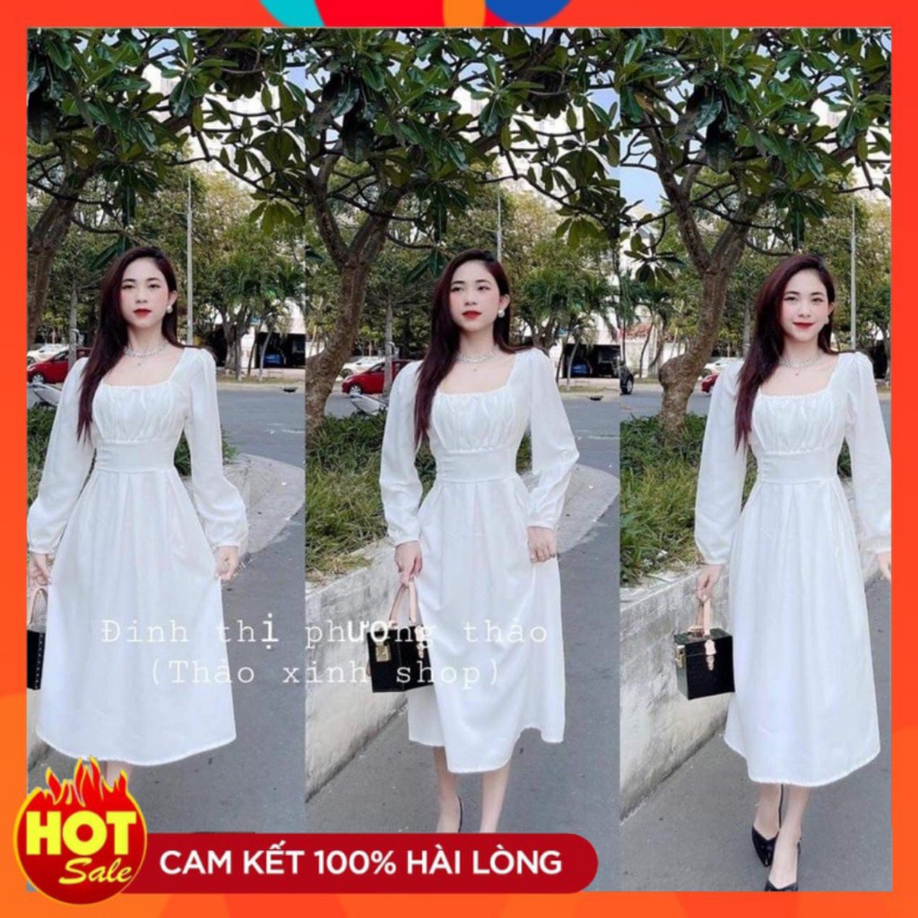 Đầm Babydoll Váy Trắng ulzzang cổ vuông đi biển dài dáng suông đẹp nữ dài qua gối thiết kế tay bồng 73