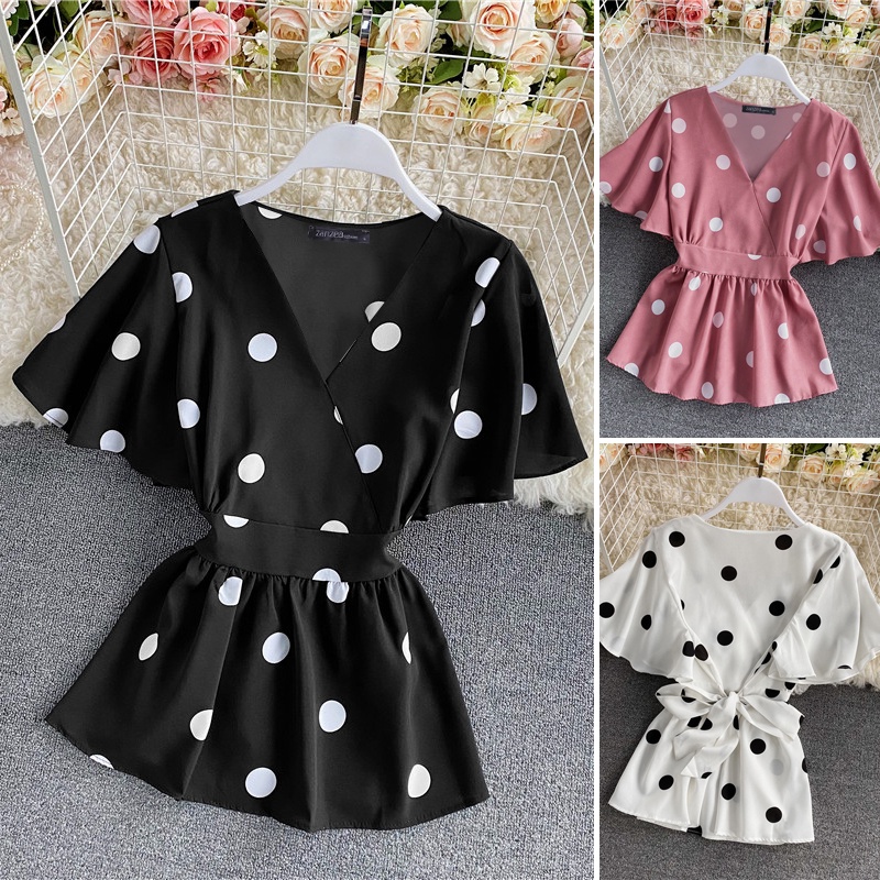 Áo kiểu ZANZEA cổ chữ V tay ngắn họa tiết chấm bi retro thời trang cho nữ