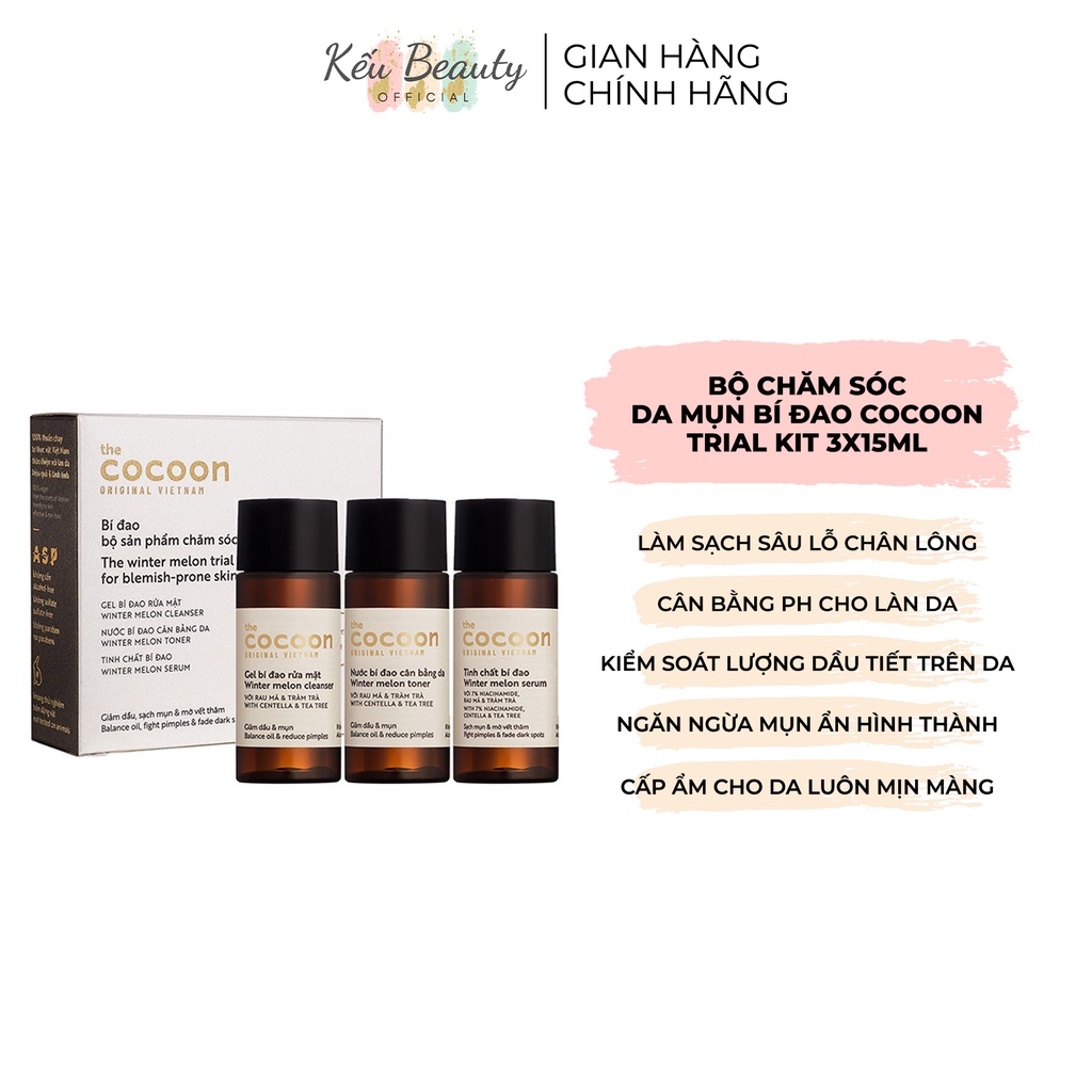 Bộ bí đao Trial Kit Cocoon chăm sóc da mụn: gel bí đao rửa mặt, toner nước cân bằng bí đao, serum tinh chất bí đao