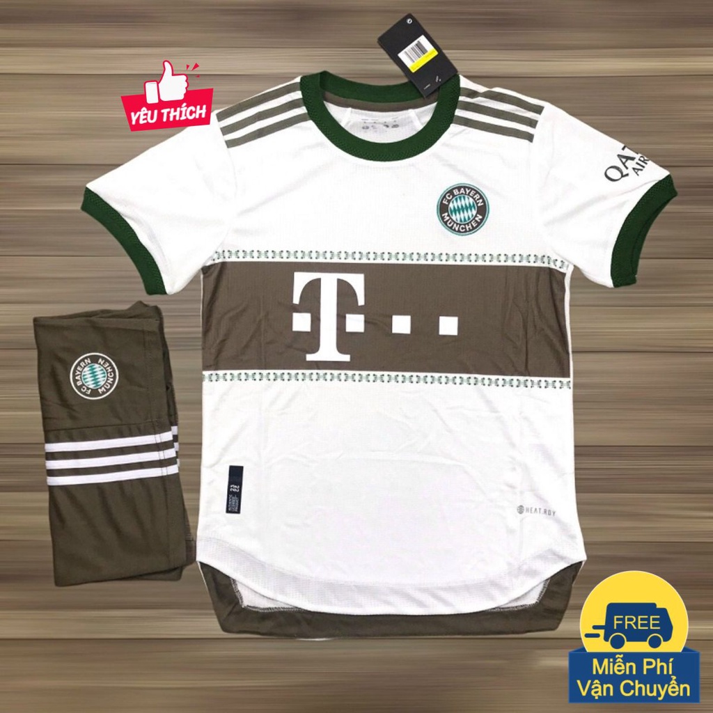 Bộ Quần Áo Đá Banh Bayern Munich Màu Trăng Kẻ Nâu Vải Gai Thái - Áo Đấu Đẹp PP Bởi Be Happy Sport
