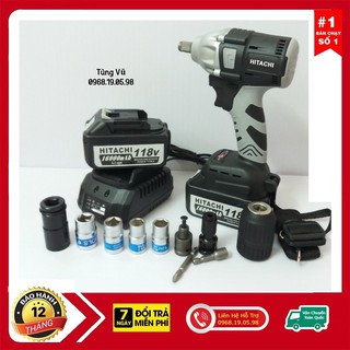 Máy Siết Bulong HITACHI 118V - TẶNG 5 Đầu Khẩu 2Pin 10 cell - Không Chổi Than Đầu rỗng Bắt vít Khoan-Made in MALAISIA