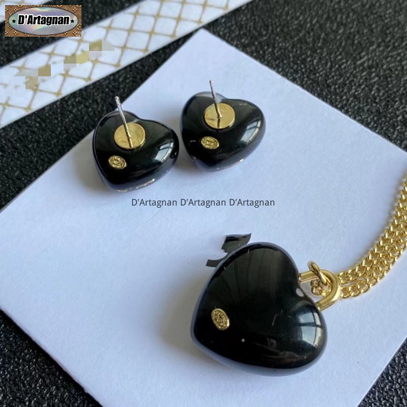 'Boutique Spot'CC21s Đen Nhựa Tim CC Logo Inlay Crystal Necklace Stud Set Chất lượng cao Hàn Quốc 2022 Mới tái tạo thanh lịch Vintage Thời trang Không phai 925 Bạc kim cho phụ nữ A319/B156