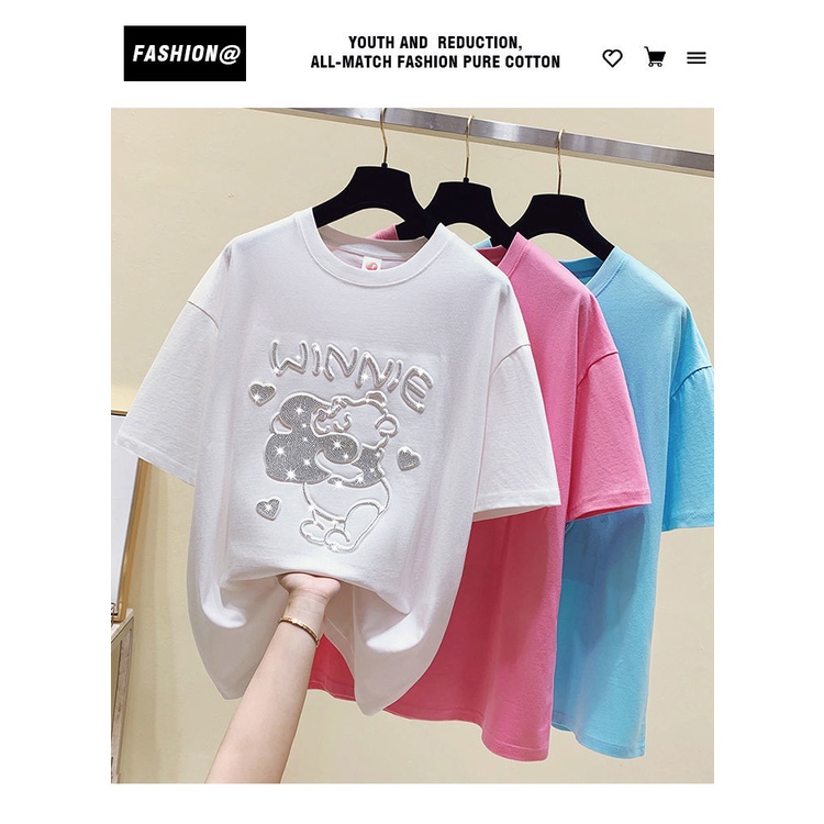 Áo Thun Nữ Ngắn Tay Cổ Tròn Đính Đá Thời Trang