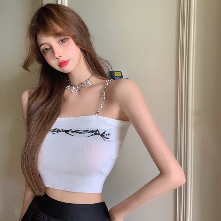Áo Dệt Kim Hai Dây In Họa Tiết Xinh Xắn Dành Cho Nữ