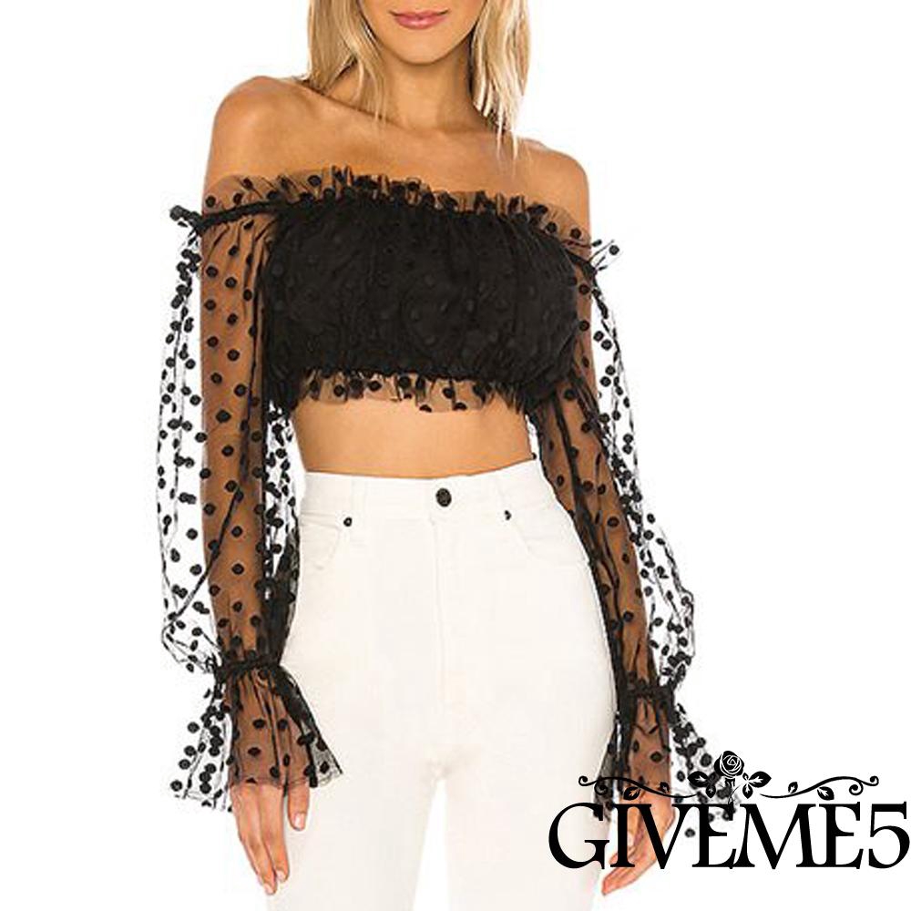 Áo Tay Dài Trễ Vai Hoạ Tiết Chấm Bi Cho Nữ