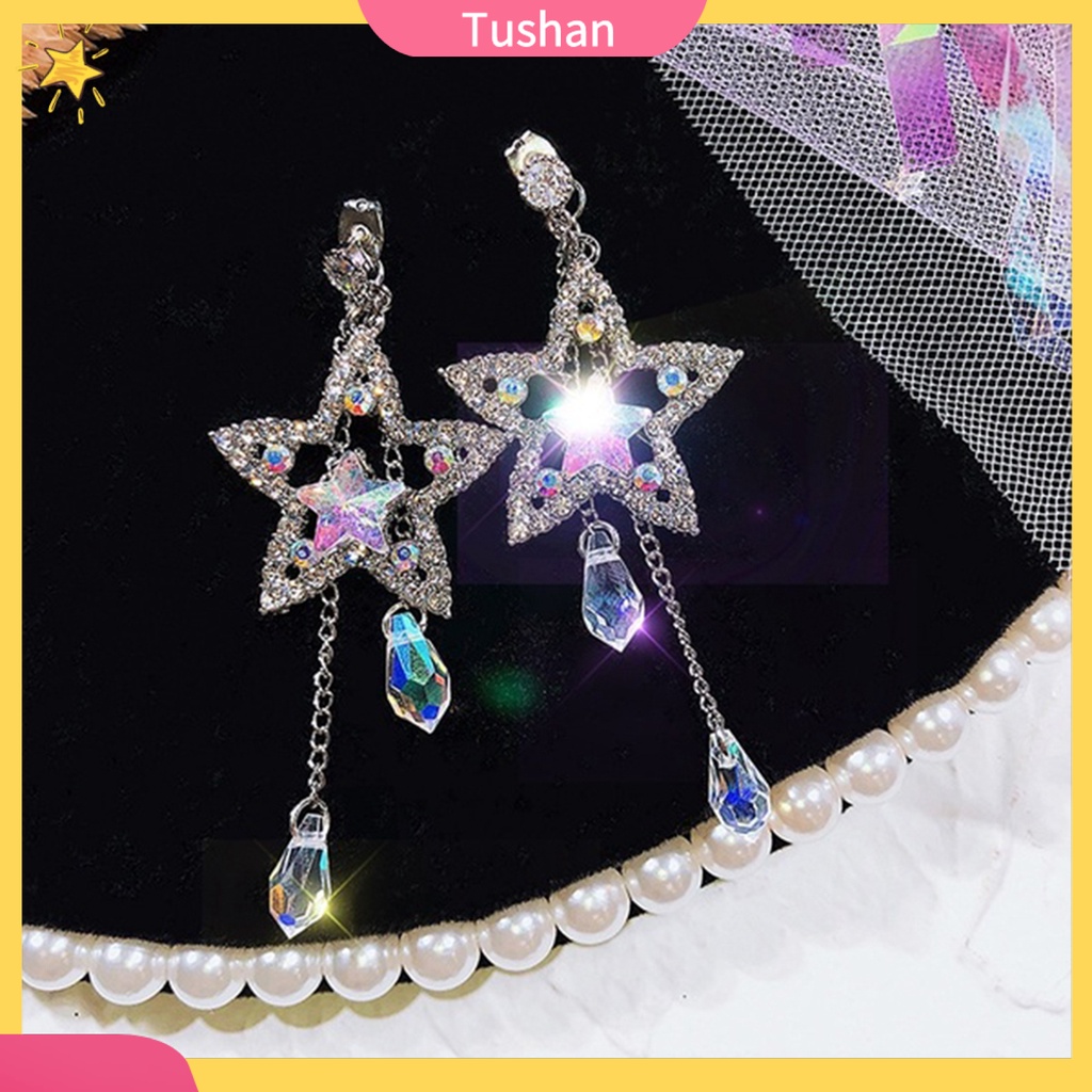 TUSH_Women Cubic Zirconia Inlaid Star Chain Tassel Dangle Stud Earrings Jewelry Gift