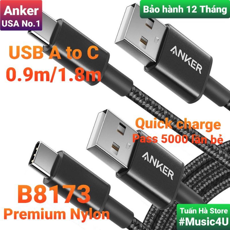 Dây cáp sạc nhanh Anker USB Type C 18W B8173 A8022 bọc dù siêu bền Tuấn Hà Store