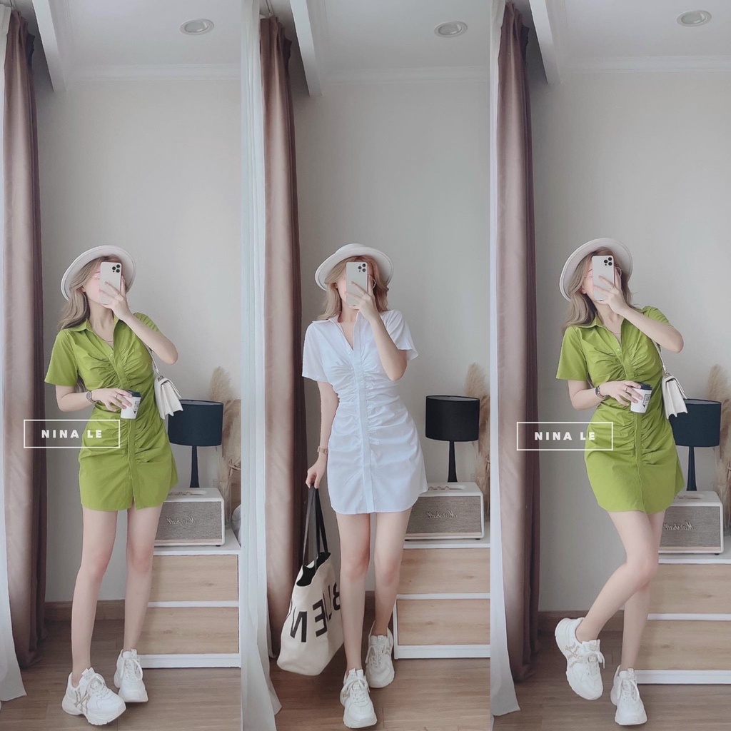 Đầm Kate Thô Nữ Sơ Mi Cổ Tim Nhún Eo Đầm Dự Tiệc Đi Biển Màu Xanh Bơ Chuối Hot Ttrend Sang Chảnh Sành Điệu