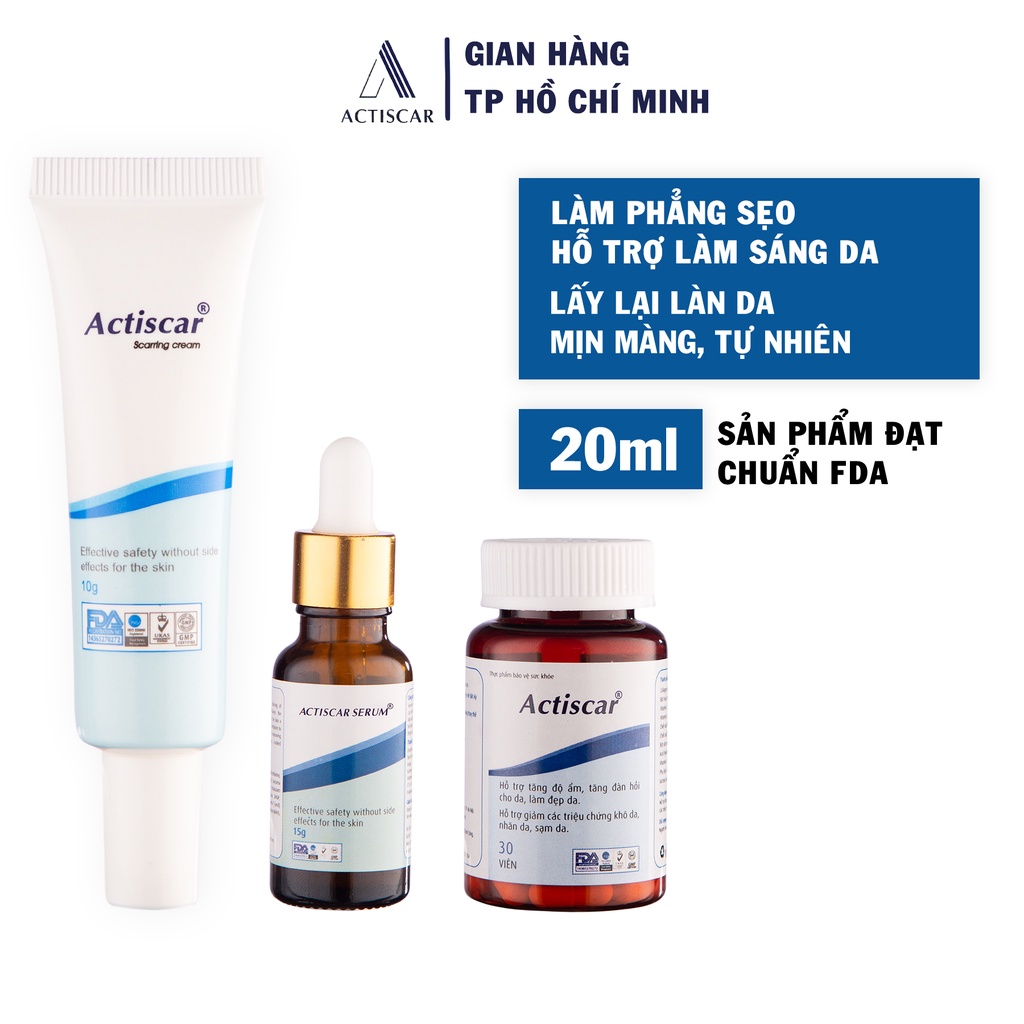 Bộ 3 Kem + Serum + Viên uống sẹo Actiscar hỗ trợ làm mờ sẹo thâm, sẹo lồi, sẹo rỗ trên da an toàn và hiệu quả