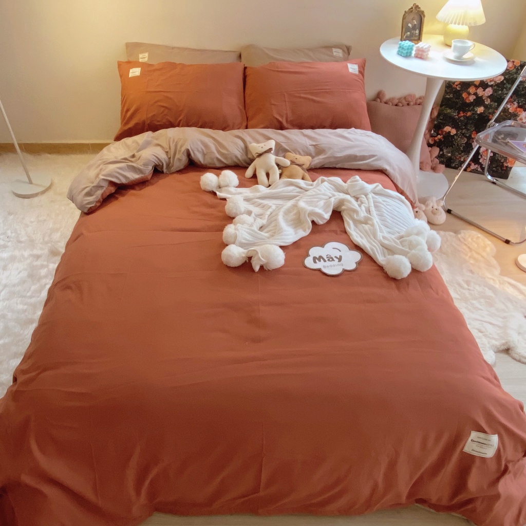 Bộ chăn ga gối COTTON TC trơn phối ga trải giường màu be MÂY BEDDING đủ màu cam hồng tím nâu vàng đủ kích thước nệm
