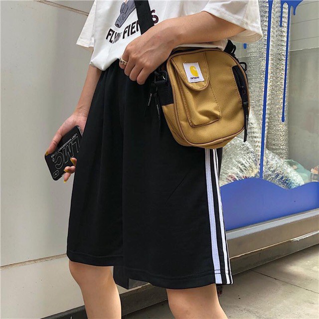 Quần short thun Đen 3 sọc unsiex chất poly co giãn mạnh thể thao tập gym