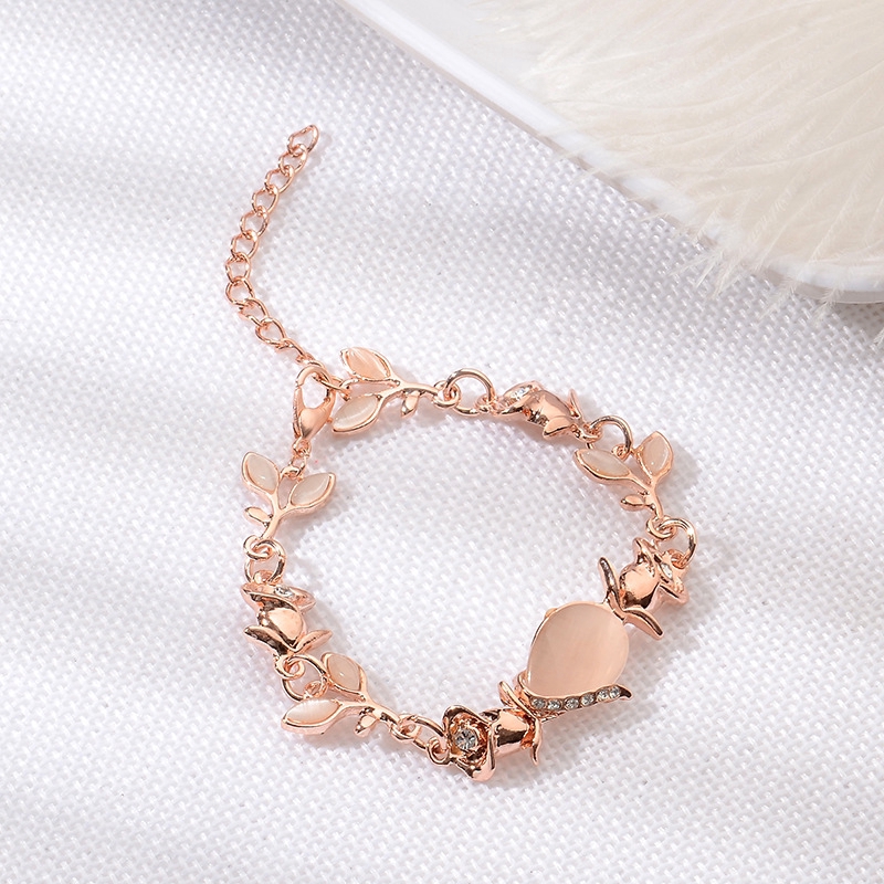 Rose Gold Leaf Design Opal Inlaid Diamonds Bracelet Bangles Women Jewelry ziyi