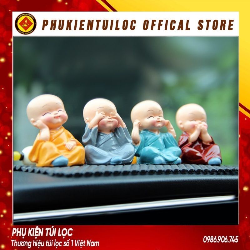 [Tặng 4 Miếng Dính 10K] Bộ Tượng Chú Tiểu Hòa Thượng Tứ Không - Phật Phong Thủy Mini 4 Tư Thế, Trang Trí Xe Hơi, Để Bàn