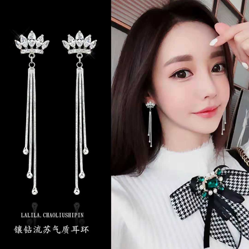 Toàn Bộ Tai Nghe Nhét Tai Hình Vương Miện Đính Kim Cương Phối Tua Rua Dài Phong Cách Hàn Quốc