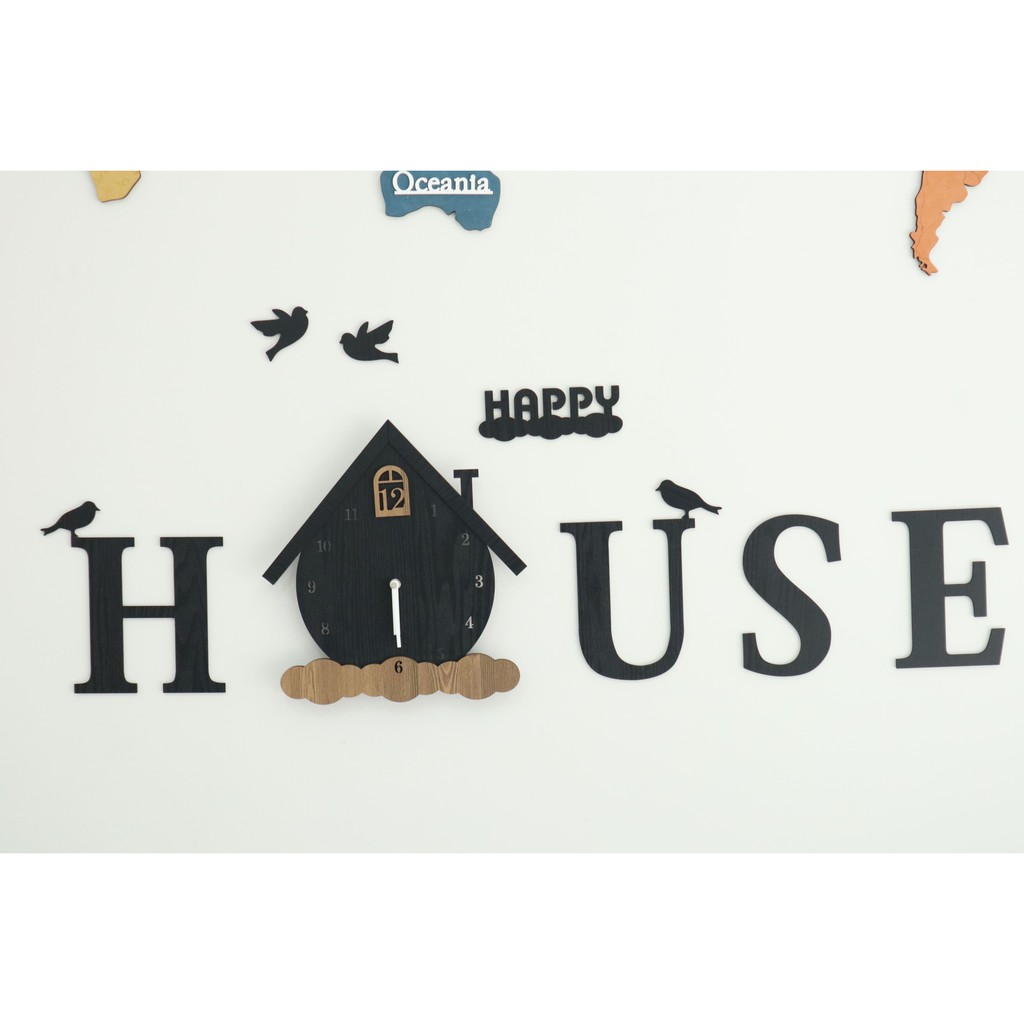 Đồng hồ treo tường gỗ cao cấp, đồng hồ trang trí decor nhà cửa hình chữ House - House wall clock