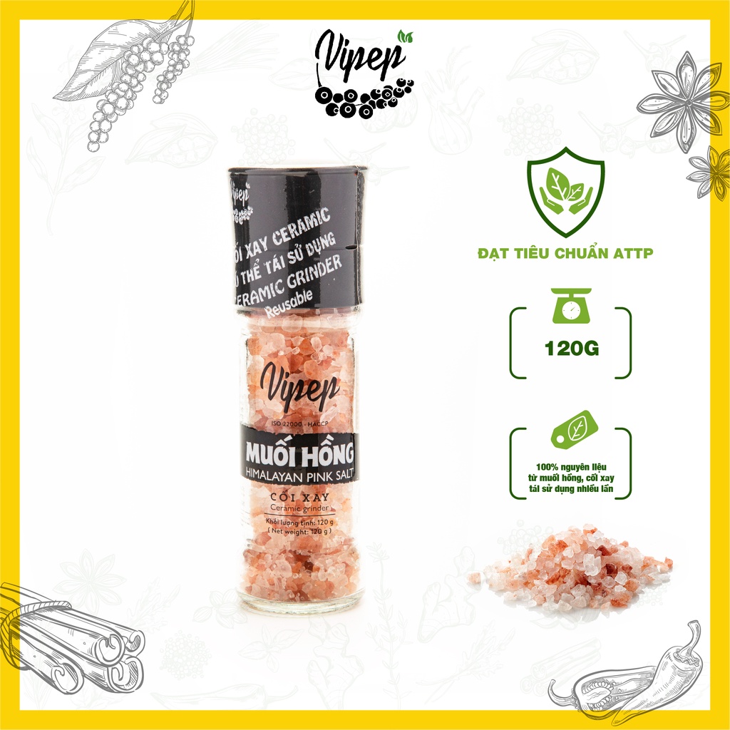 Muối hồng nguyên chất từ Himalaya Vipep hũ nắp vặn xay nhuyễn 120g, không chất tạo màu, chuyên dùng chế biến thực phẩm